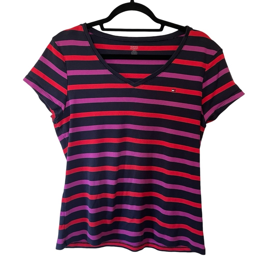 Tommy Hilfiger Women’s XL V-neck Striped T-Shirt, short sleeve, casual